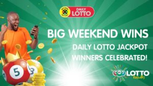 Daily Lotto winners celebrated! 2 players won R325,000 each on 14 Feb, and 4 won R133,326 each on 15 Feb. Play today for an estimated R450,000 jackpot!